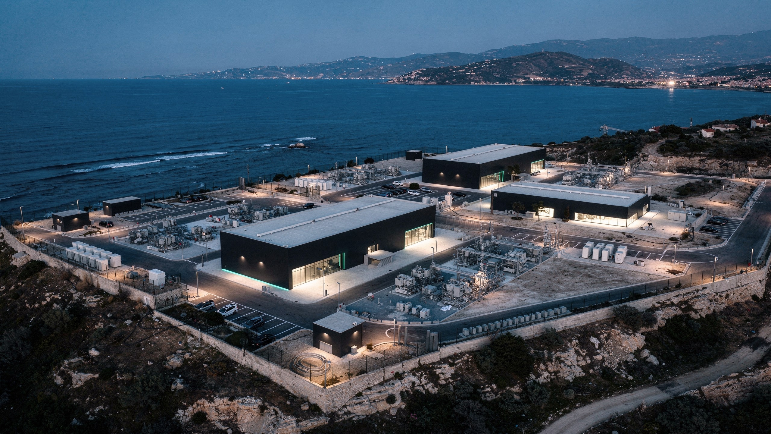 Mediterranean AI infrastructure campus at blue hour