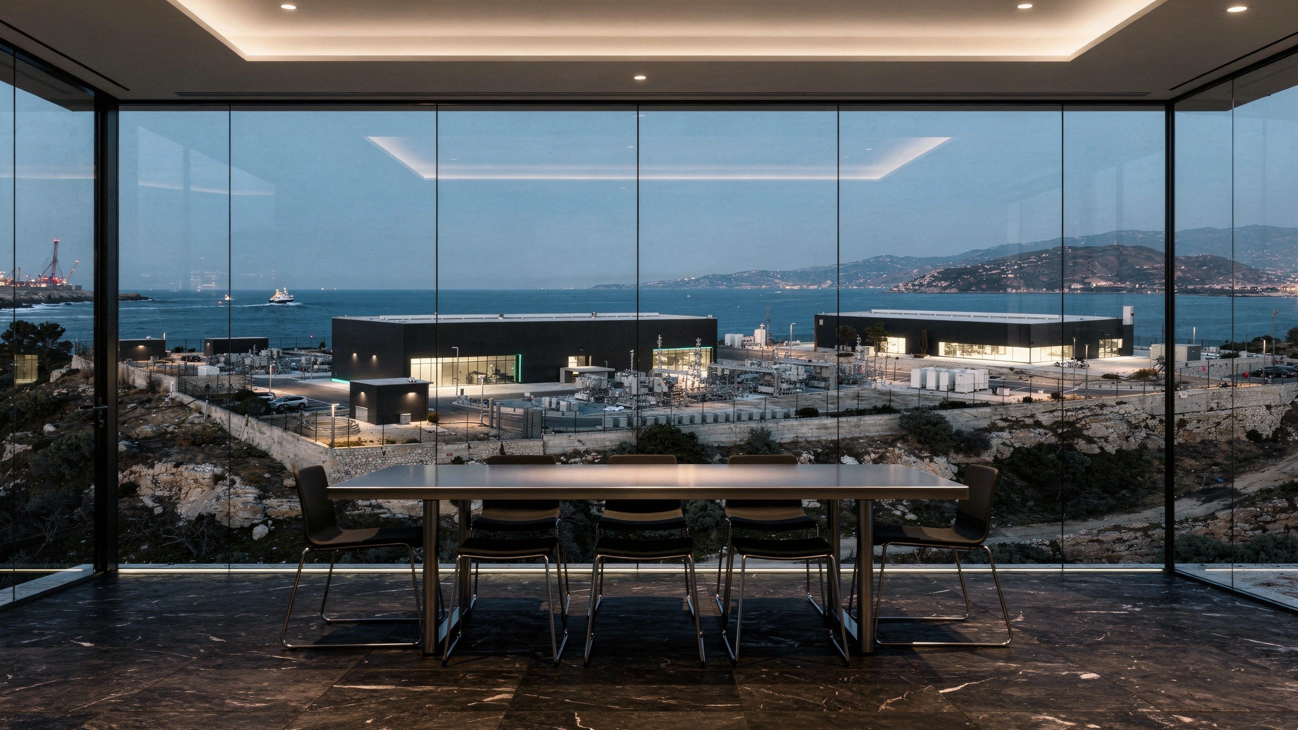 Private viewing room overlooking Mediterranean infrastructure at dusk