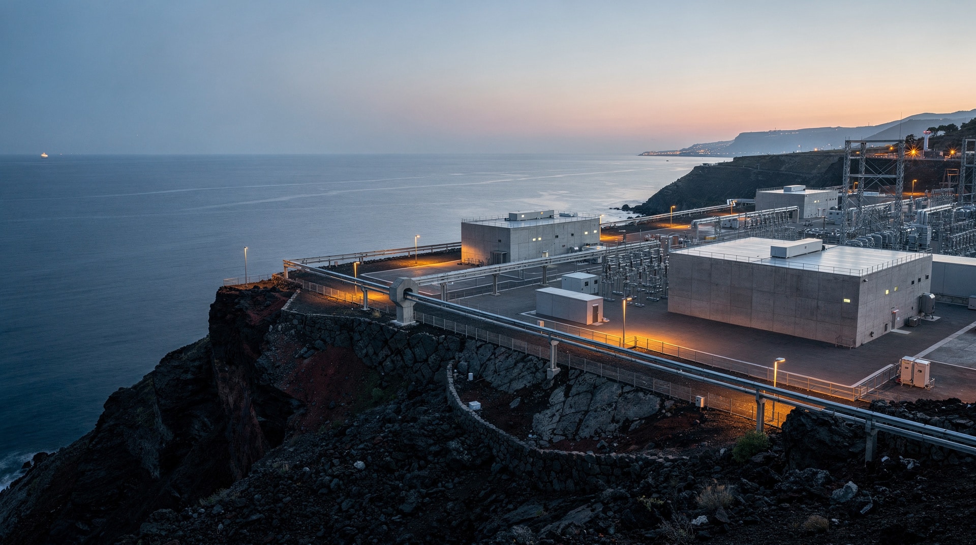 Coastal Mediterranean infrastructure campus at blue hour